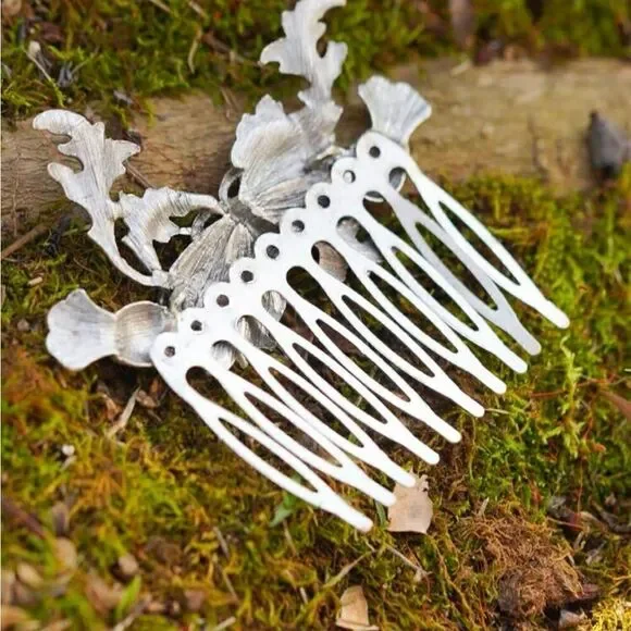 Gothic, Cottagecore Moth Floral Hair Comb, Silver Tone, Engraved Detailing, - Picture 4 of 4